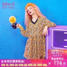 妖精的口袋法国小云雀2017秋装新款V领拼接丝绒印花连衣裙女长袖图片