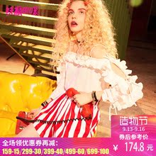 妖精的口袋露锁骨仙女雪纺衫夏装2018新款宽松chic荷叶边蕾丝衫女图片