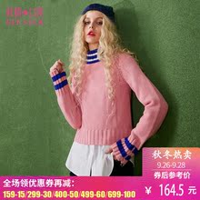妖精的口袋秋冬装新款高领撞色条纹短款毛衣女套头 棒球小子图片