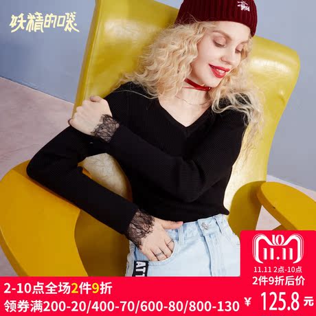妖精的口袋蕾丝毛衣秋装2018新款V领通勤ins白色日系针织衫女修身商品大图