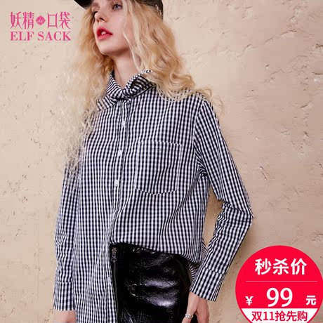 妖精的口袋旗舰店春装新款打结领宽松黑白格子衬衫女长袖白色童话商品大图