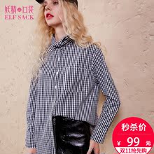 妖精的口袋旗舰店春装新款打结领宽松黑白格子衬衫女长袖白色童话图片
