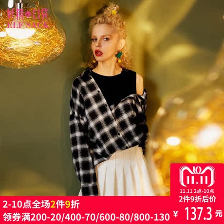 妖精的口袋旗舰店秋装露肩假两件不对称长袖衬衫女韩范有个秘密商品大图