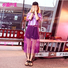 妖精的口袋chic上衣女夏装2018新款网纱罩衫学生透视短袖t恤女图片