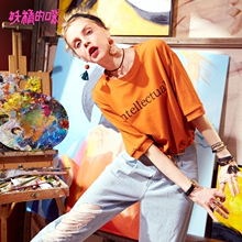 妖精的口袋旗舰店ins上衣夏装2018新款短款圆领趣味字母t恤女短袖图片