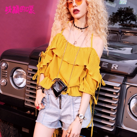妖精的口袋夏装2018新款女夏外搭薄外衫吊带露肩雪纺衫女多层压褶商品大图