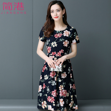 中年妈妈夏装过膝连衣裙40岁50中老年女装夏季中长款短袖连衣裙商品大图