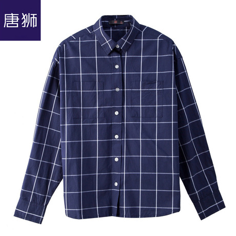 唐狮旗舰店2018秋装新款衬衫女宽松翻领前胸双口袋格纹衬衣潮商品大图