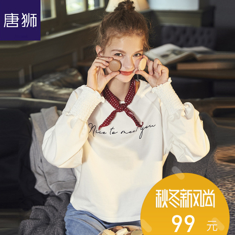 唐狮旗舰店2018秋装新款圆领T恤胸前字母袖子可爱甜美ins长袖商品大图