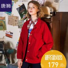 唐狮2018秋新款牛仔外套女短款嘻哈少女bf风牛仔衣工装外套复古潮图片