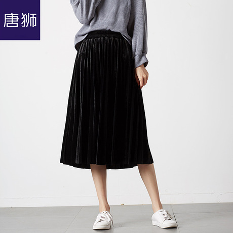 唐狮旗舰店2018春秋装新款半身裙女宽松百褶裙金丝绒压褶长裙商品大图