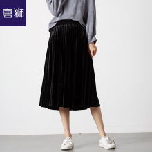 唐狮旗舰店2018春秋装新款半身裙女宽松百褶裙金丝绒压褶长裙图片