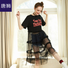 唐狮春装2018新款女春夏装连衣裙女T恤裙网纱拼接裙子蕾丝连衣裙图片