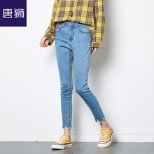 唐狮旗舰店2018秋装新款牛仔裤女不规则脚口紧身牛仔裤显瘦潮图片
