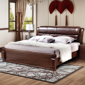 黑胡桃木床实木床1.8米1.5储物双人床现代中式全实木真皮软靠床