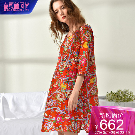 dfvc2019春装新款淑女时尚真丝印花连衣裙中长款桑蚕丝宽松直筒裙商品大图
