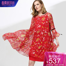 dfvc2019夏新款时尚系带喇叭袖真丝印花连衣裙腰部压褶显瘦a字裙图片