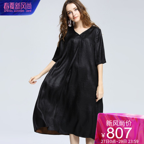dfvc2019春夏新款女欧美A字宽松做旧复古香云纱真丝桑蚕丝连衣裙商品大图