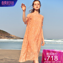 dfvc2019夏季新款裸色真丝刺绣连衣裙短袖中长款100%桑蚕丝文艺女图片