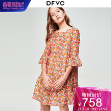 dfvc荷叶袖印花真丝连衣裙女2019春夏新款宽松桑蚕丝a字娃娃裙子图片