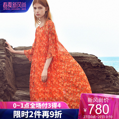 dfvc2019夏季新款桑蚕丝温柔风复古连衣裙中长款喇叭袖真丝印花裙商品大图