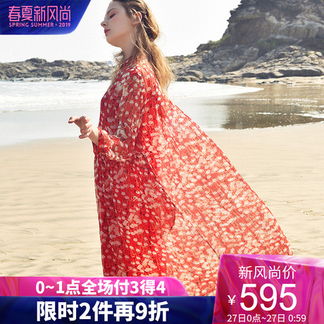 dfvc2019夏季新款女装真丝连衣裙红色碎花印花雪纺娃娃裙复古很仙商品大图
