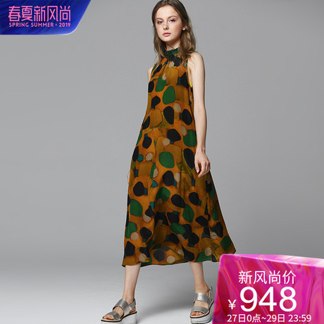dfvc无袖印花立领真丝连衣裙女2019夏新款宽松中长款桑蚕丝A字裙商品大图