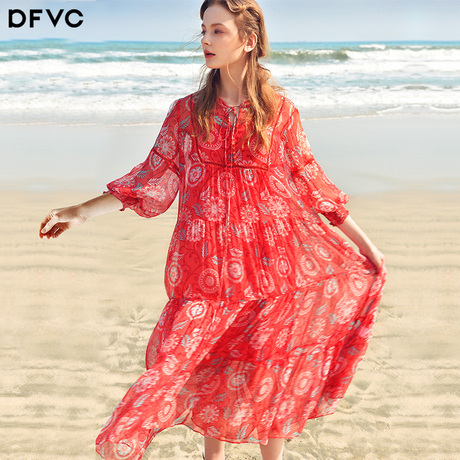 dfvc2019夏季新款真丝长裙女灯笼袖桑蚕丝印花连衣裙超长款度假裙商品大图