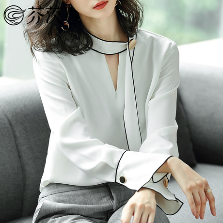 2018秋装新款衬衫长袖韩版女装V领气质显瘦简约百搭飘带上衣小衫商品大图
