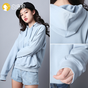 雾霾蓝纯棉卫衣女春秋装薄款连帽2019新款潮宽松长袖松松垮垮上衣