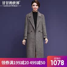 【全羊毛】甘甘的世界2018新款双面呢大衣翻领斜纹毛呢中长款外套图片