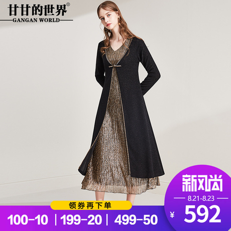 甘甘的世界2018秋装新款女长袖假两件v领南韩丝收腰长款连衣裙商品大图