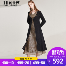 甘甘的世界2018秋装新款女长袖假两件v领南韩丝收腰长款连衣裙图片