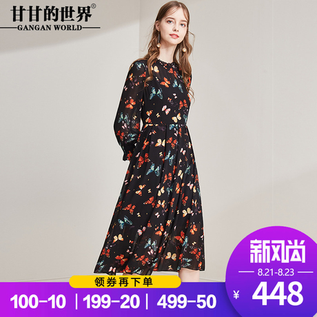 甘甘的世界2018秋装新品文艺范儿蝴蝶印花连衣裙女收腰显瘦妈妈装商品大图