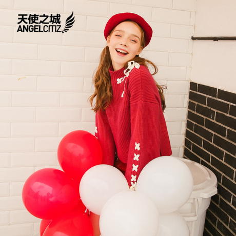 天使之城2017秋季新款套头圆领穿绳开叉毛衫宽松毛衣女62170735商品大图