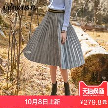 裂帛2018秋冬新款松紧腰格纹百搭温柔浪漫文艺优雅半身百褶中裙女图片