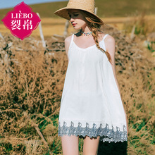 裂帛旗舰店2018夏装新款清纯纯色A字吊带裙刺绣雪纺连衣裙女图片
