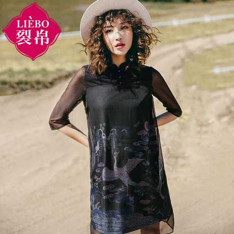裂帛旗舰店2018夏装新款立领印花双层短裙子针织七分袖连衣裙女商品大图
