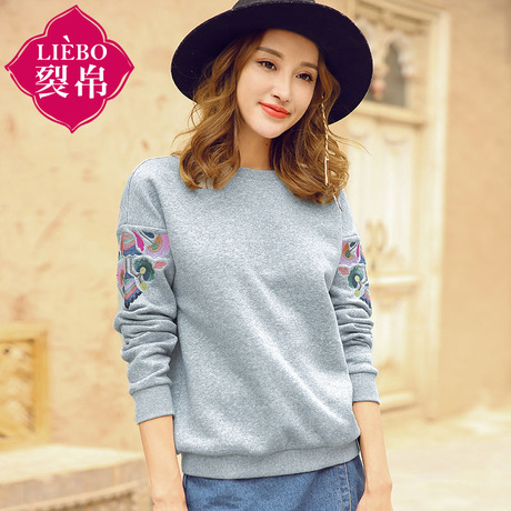 裂帛旗舰店2018春装新款圆领刺绣长袖衫百搭显瘦套头加绒卫衣女商品大图