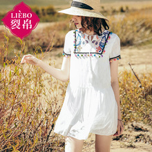 裂帛旗舰店2018夏新款系绳圆领短袖雪纺裙清新A字刺绣连衣裙女图片