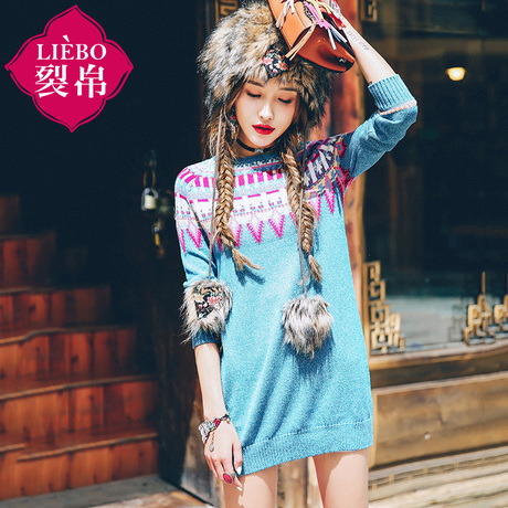 裂帛旗舰店2018冬装新款圆领提花插肩袖毛织裙直筒百搭连衣裙女商品大图