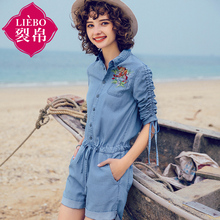 裂帛2018夏装新款帅气街头翻领刺绣抽绳收腰连体牛仔裤女51172718图片