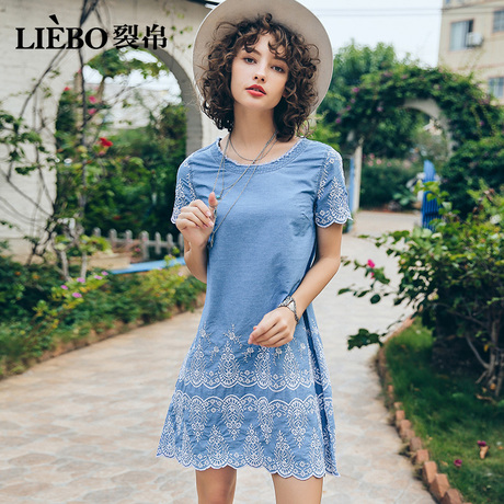 裂帛旗舰店2018夏装新款个性绣花显瘦大气波浪短袖牛仔连衣裙女商品大图