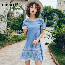 裂帛旗舰店2018夏装新款个性绣花显瘦大气波浪短袖牛仔连衣裙女图片