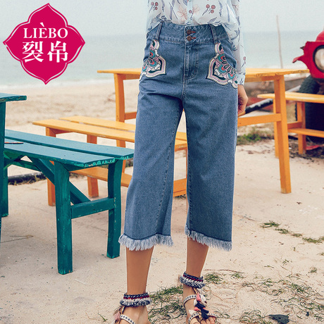 裂帛2018夏装新款文艺宽腰拉链口袋刺绣毛边阔腿牛仔裤女51172714商品大图