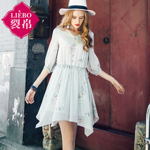 裂帛旗舰店2018夏装新款V领七分袖高腰A字短裙清新雪纺连衣裙女图片