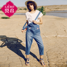 裂帛2018夏装新款青春减龄刺绣背带裤磨白显瘦牛仔裤女51172200图片