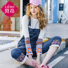裂帛2018春装新款刺绣百搭九分裤拼接水洗连体背带休闲牛仔裤女图片