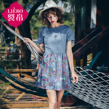裂帛2018夏装新款花边领短袖刺绣牛仔裙A字气质连衣裙女51172457图片