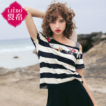 裂帛2018夏新款不对称露肩宽松套头衫休闲宽松短袖T恤女51172427图片